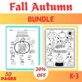 Preview of Fall Autumn Worksheets Bundle Autumn-Themed Coloring Sheets  Word Search Puzzle
