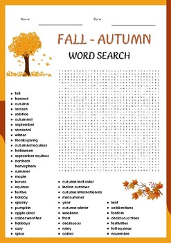 Fall - Autumn word search Puzzle worksheet activities for kids, | TPT