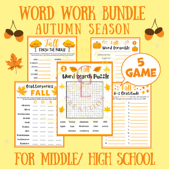 Preview of Fall Autumn word work BUNDLE phonics centers word scramble main idea middle 9th