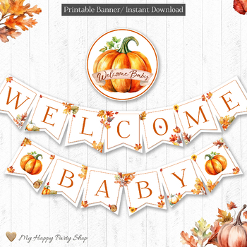 Preview of Fall Baby Shower Banner, Pumpkin Welcome Baby Banner, PRINTABLE