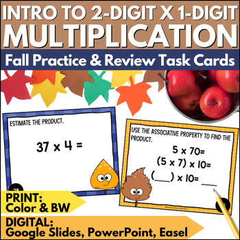 Preview of Fall Introducing 2 Digit by 1 Digit Multiplication Beginner Task Cards Practice