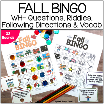Preview of Fall Bingo Speech Therapy Game - WH Questions - Inferences - 2-Step Directions