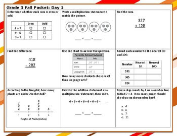 Preview of Fall Break Packet, 3rd Grade Math; 5 days of practice (5 pages)