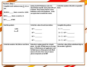 Preview of Fall Break Packet, 5th Grade Math; 5 days of practice (5 pages)