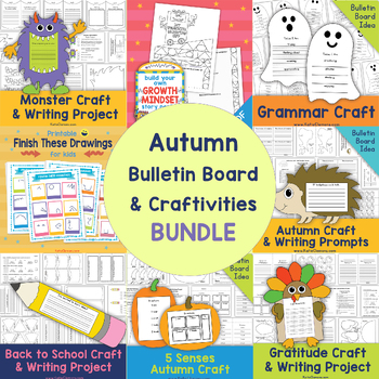 Preview of Fall Bulletin Board Writing Craftivity BUNDLE, Autumn growth mindset 5 senses