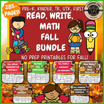 Preview of Fall Writing, Reading, Math Bundle for PreK, Kindergarten, TK, UTK, First Grade