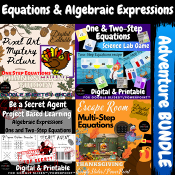 Preview of Fall Bundle Equations & Algebraic Expression Game Escape Room Pixel Art Project