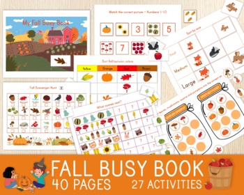 Preview of Fall Busy Book, Autumn Learning Pack, Literacy, Math, Crafts, Games, Worksheets