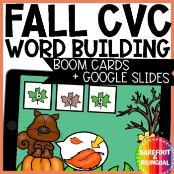 Preview of Fall CVC Word Building Boom Cards ™ & Google Slides ™ w Audio - Pumpkins, Apples