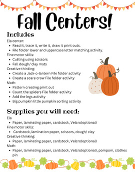 Preview of Fall Centers For Early Learners: ELA, Math, Fine Motor Skills, Creative Thinking