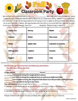 Preview of Fall Classroom Party Parent Communication