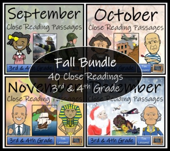 Preview of Fall Close Reading Comprehension Book Bundle | 3rd Grade & 4th Grade