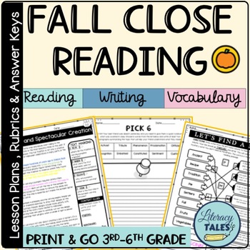 Preview of Fall Close Reading Comprehension Passages, Writing Prompts Vocabulary Activities