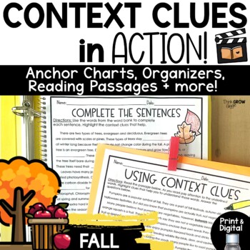 Preview of Fall Cloze Reading Activities Context Clues Passages Worksheets Anchor Charts