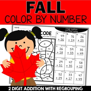 Preview of Fall Color by Number 2 Digit Addition with Regrouping Worksheets Activities