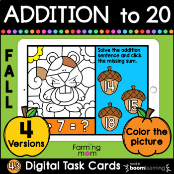 Preview of Fall Color by Number Addition to 20 Math Boom Cards