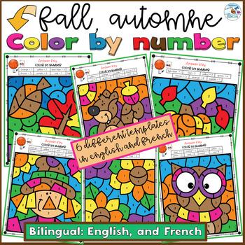 Preview of Fall Color by Number Bilingual English French Automne colorier par numéro