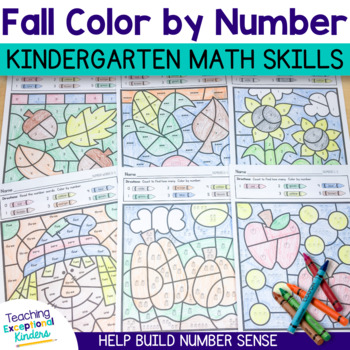 Preview of Fall Color by Number Kindergarten Math Worksheets
