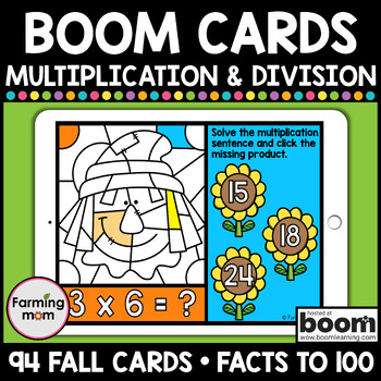 Preview of Fall Color by Number Multiplication and Division Boom Cards Math Bundle