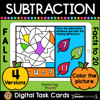 Preview of Fall Color by Number Subtraction within 20 Math Boom Cards