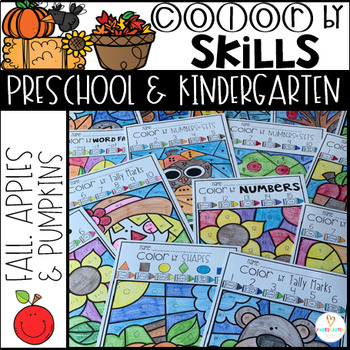 Preview of Fall Activities Color by Code Skills Kindergarten Printables (6 editable Pages)