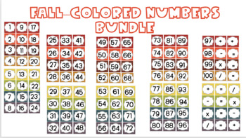 Preview of NUMBER CARDS - Fall-Colored #1-100 with math computation signs! (EDITABLE)