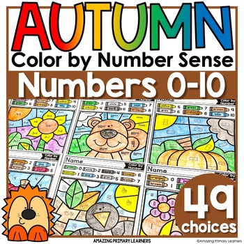 Preview of Fall Coloring Pages Autumn Math Worksheets Color by Code Color by Number