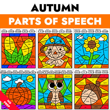 Preview of Fall Coloring Pages - Autumn Parts of Speech Color by Code - Grammar Activity