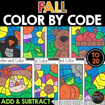 Preview of Fall Coloring Pages Color by Code Addition and Subtraction to 20 | 16 Pictures