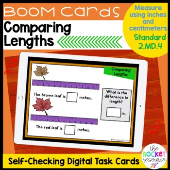 Preview of Fall Comparing Lengths Measurement BOOM™ Cards | 2.MD.4