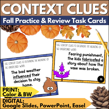 Preview of Fall Context Clues Task Cards Activities - Autumn Vocabulary Practice & Review