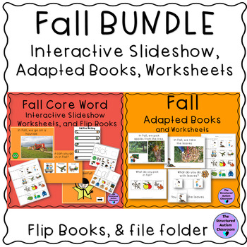 Preview of Fall Core Word Slideshow, Adapted Book, Worksheet, Flip Book BUNDLE Special Ed