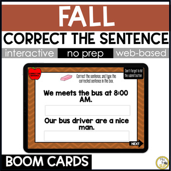 Preview of Fall Correct the Sentence - Grammar Skill Builder - Digital Boom Cards