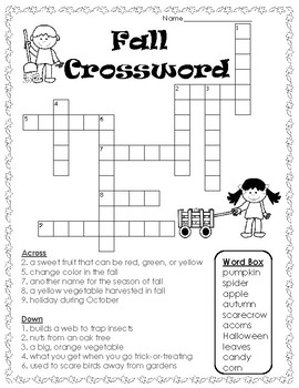 Autumn Crossword Puzzle Worksheets Teaching Resources Tpt