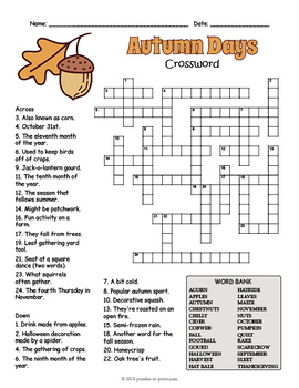 No Prep Fall Activity - Autumn Days Crossword Puzzle Worksheet - 4 Versions
