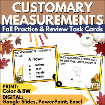 Preview of Fall Customary Measurement Task Cards - Autumn Practice & Review Math Activity