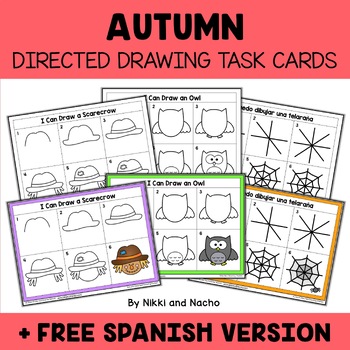 Preview of Fall Directed Drawing Task Card Activities + FREE Spanish