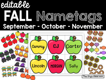 Preview of Fall EDITABLE Name Tags-September-October-November Bulletin Boards