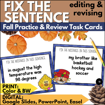 Preview of Fall Editing & Revising Task Cards -  Autumn Fix the Sentence Practice Activity