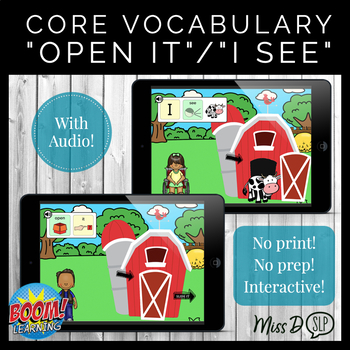 Preview of Fall Farm Core Vocabulary BOOM CARDS™: OPEN IT & I SEE