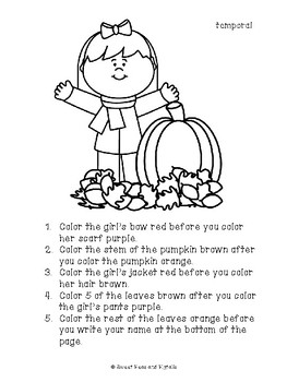 Fall Following Directions Cards & Coloring Sheets by Sweet Peas and