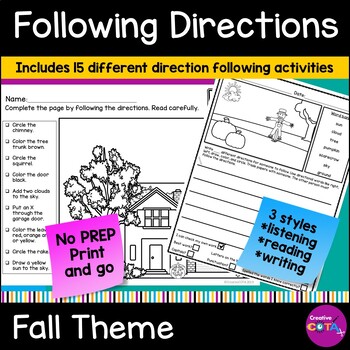 Preview of Follow Directions Listening & Reading Comprehension Skills Fall Coloring Pages 