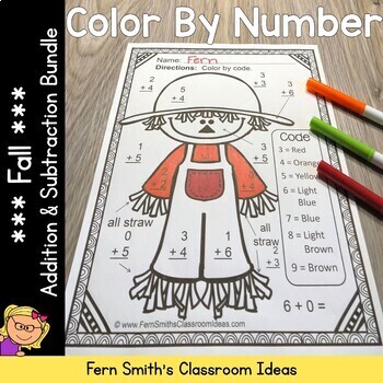 Preview of Fall Color By Number Addition and Subtraction Bundle