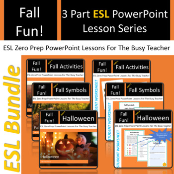 Preview of Fall Fun ESL Bundle PPT and Worksheets Speaking Activities Symbols Halloween