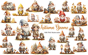 Preview of Fall Gnomes PNG Clipart Bundle/ Autumn Leaves, Pumpkins, Garden Gnome Watercolor