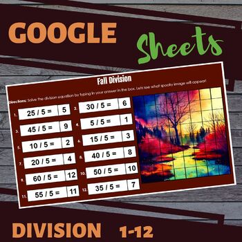 Preview of Fall Google Sheet Digital Pixels: Division Practice 1-12