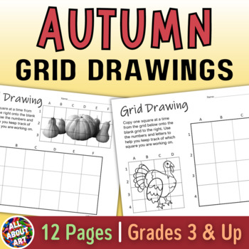 Preview of Fall Grid Drawing Worksheets - Autumn & Thanksgiving Grid Method Art Activities