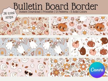 Preview of Fall Halloween Bulletin Board Border with Retro Pumpkins Coffee Rainbows Flowers