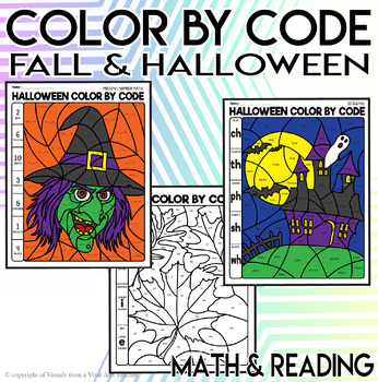 Preview of Fall & Halloween Coloring by Code Worksheets Math and ELA