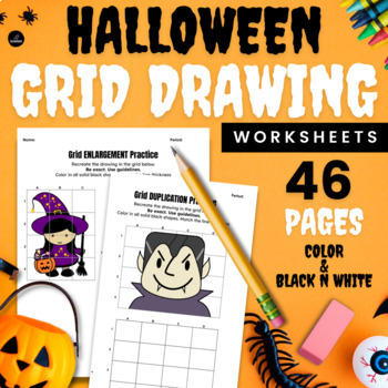Preview of Fall & Halloween Grid Drawing Activity - Art - No Prep, Sub Friendly - 46 images